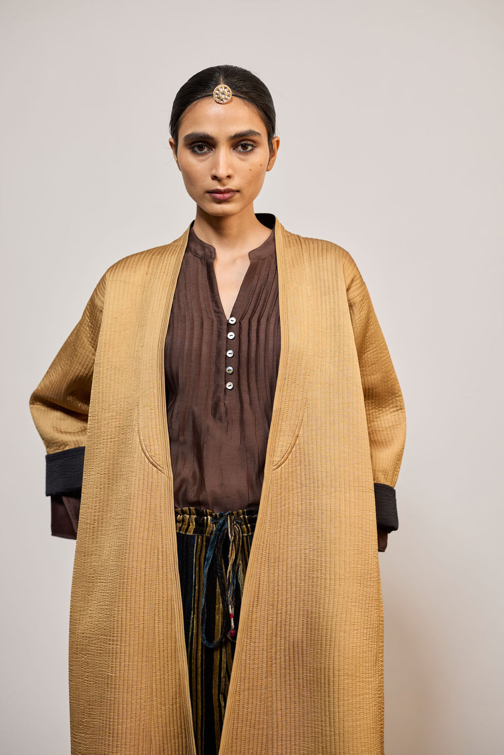 AJA Pecan & BLACK REVERSIBLE (JACKET) PINTUCK CHANDERI BROWN (TOP) BROWN DHARI VELVET (PANT)